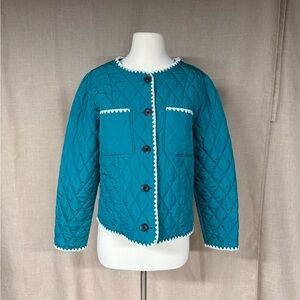 Teal Quilted Button-Up Jacket with White Trim
